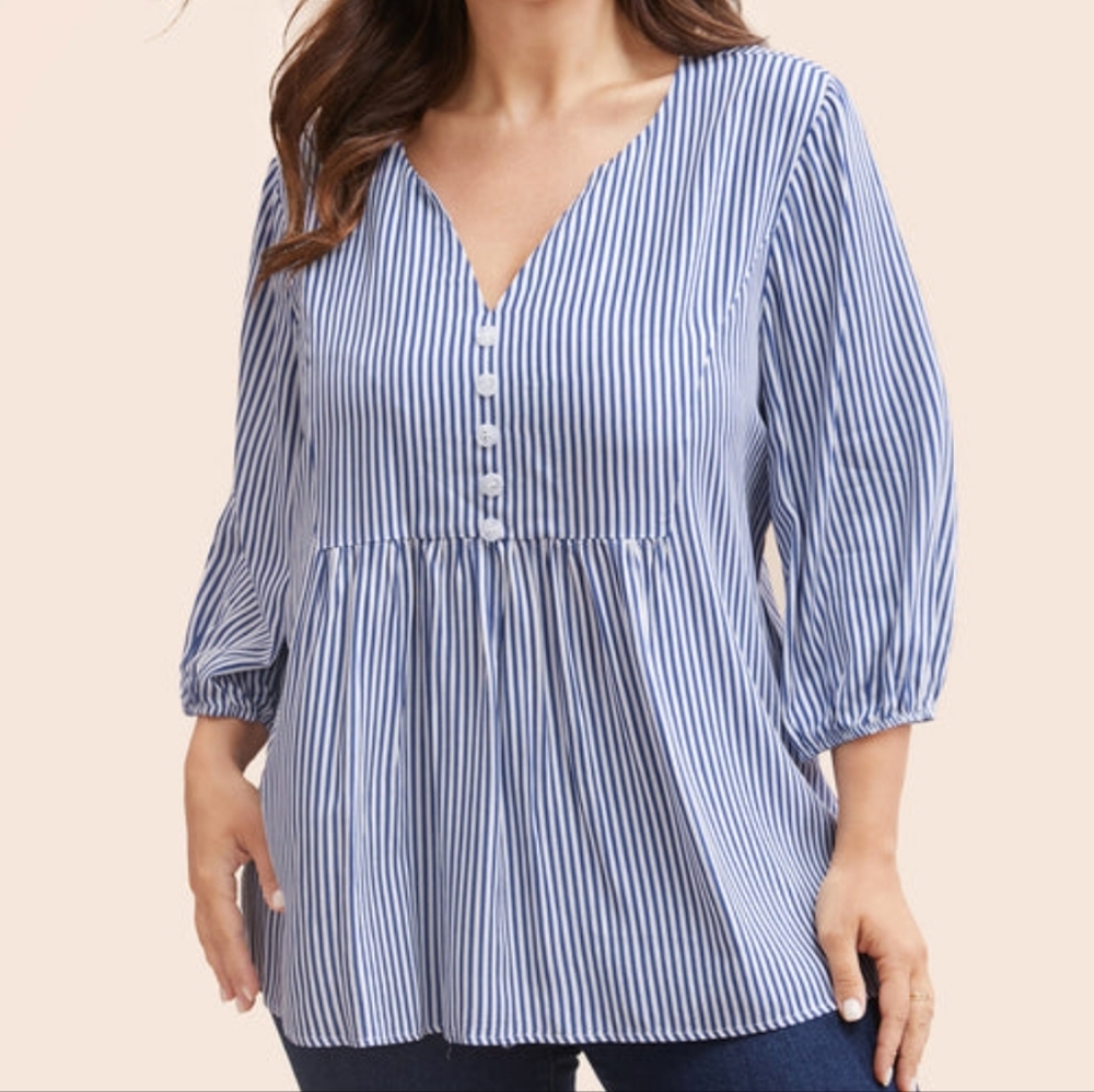 Striped V-Neck Blouse - Blue and White